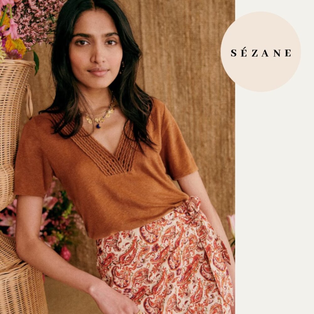Sezane NWT Miranda Café T-shirt US Size Small Embroidered Neckline